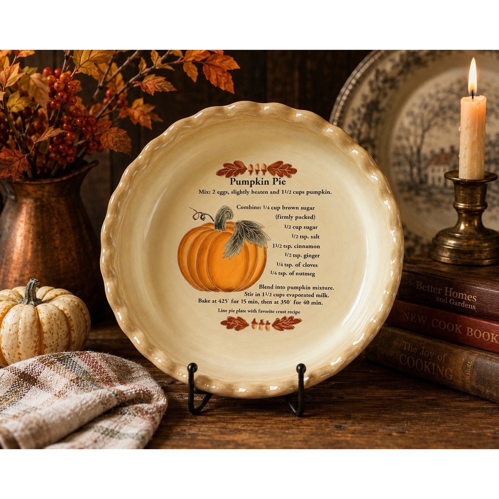 Harvest 2004 Pumpkin Pie Recipe Stoneware Pie Plate 11" Scalloped